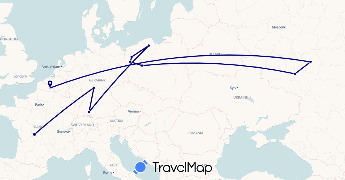 TravelMap itinerary: driving in Germany, France, Poland, Russia (Europe)